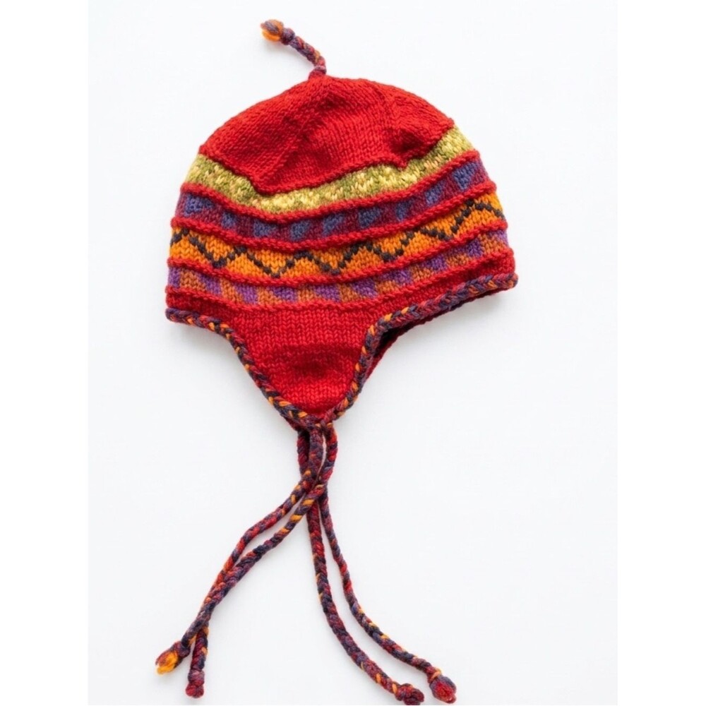 Newark Icelandic Design Hat 100% Wool Handcrafted Nepal Earflap Chullo Boho Red